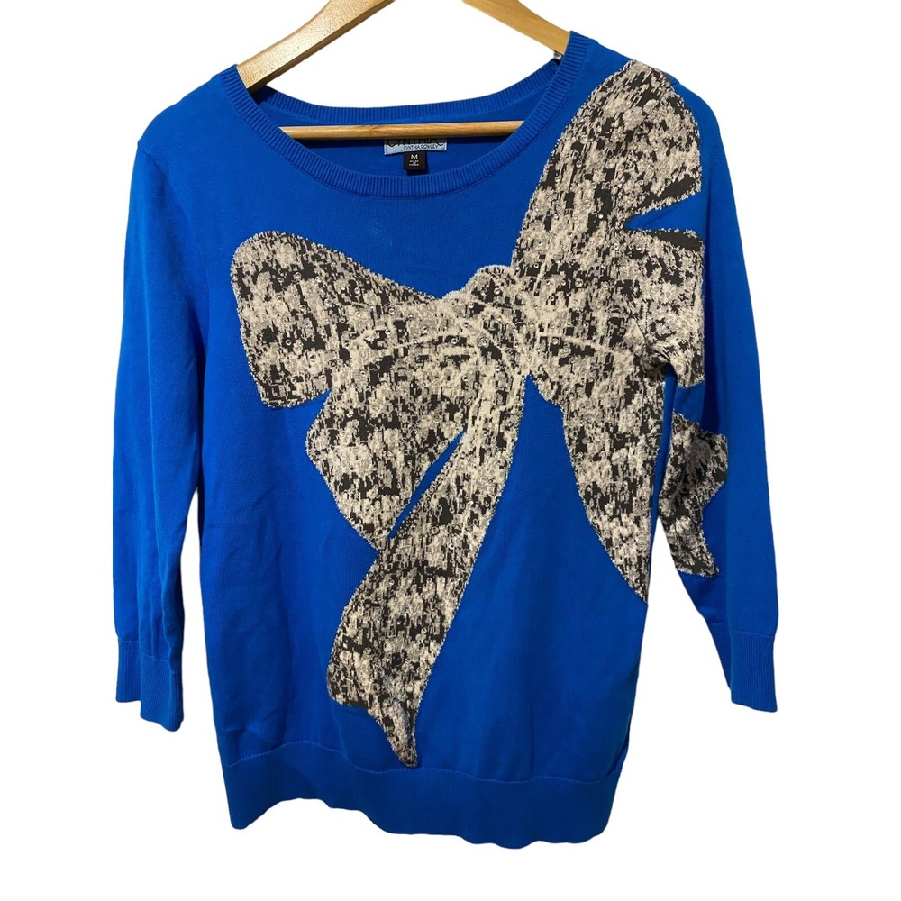 Cynthia Rowley M Blue Sweater Jeweled Rhinestone Bow Pullover knit